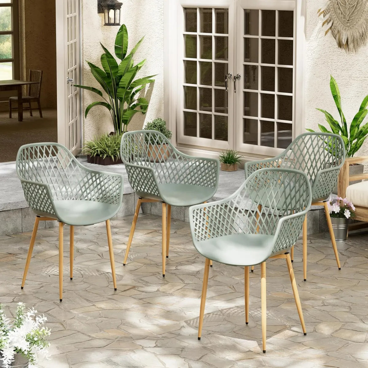 Ensemble de 4 fauteuils de jardin en plastique résistant aux intempéries avec accoudoirs