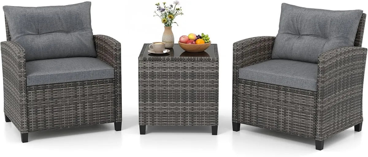 Ensemble de Jardin 3 Pièces en Rotin avec Fauteuils et Table en Verre pour Extérieur