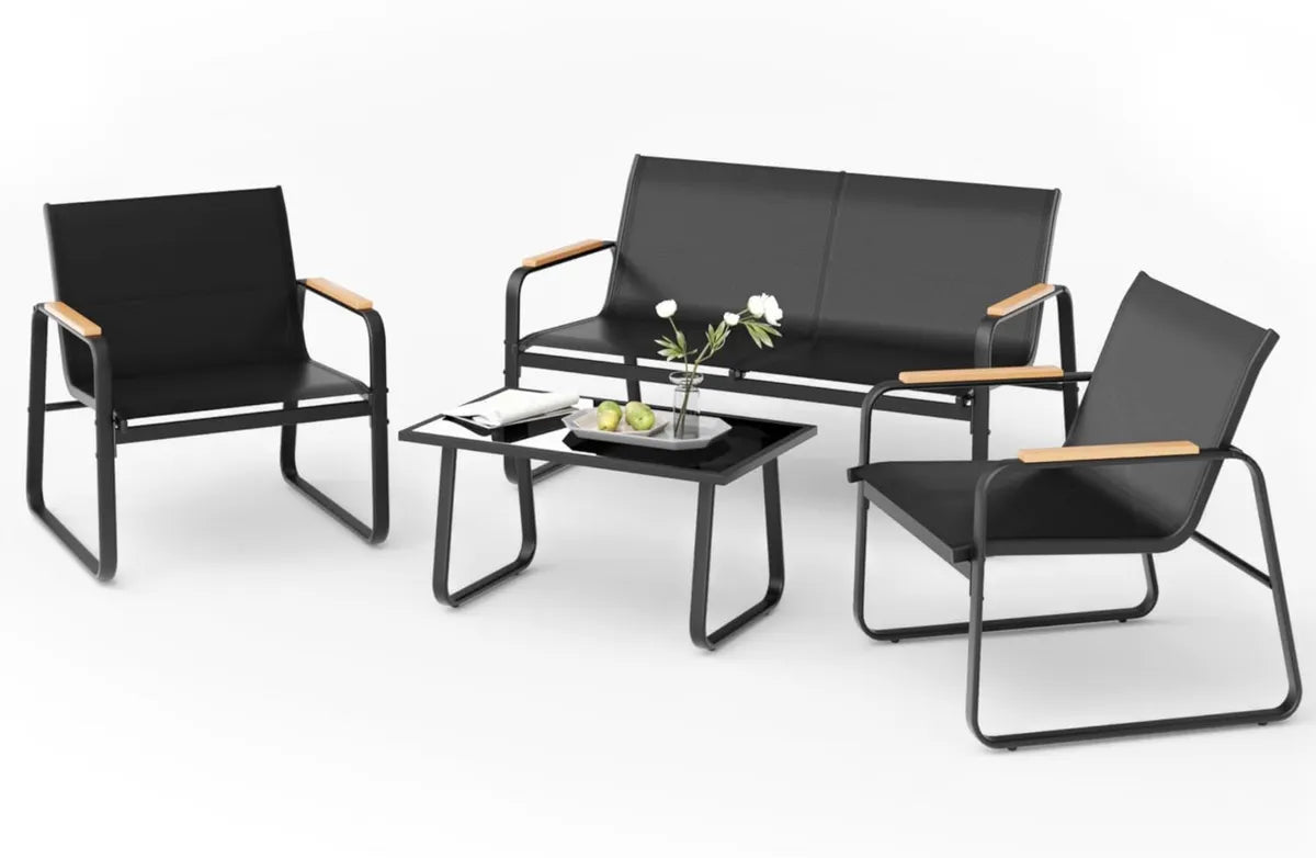 Ensemble de Jardin Extérieur 4 Places avec Table en Verre et Fauteuils Textilène