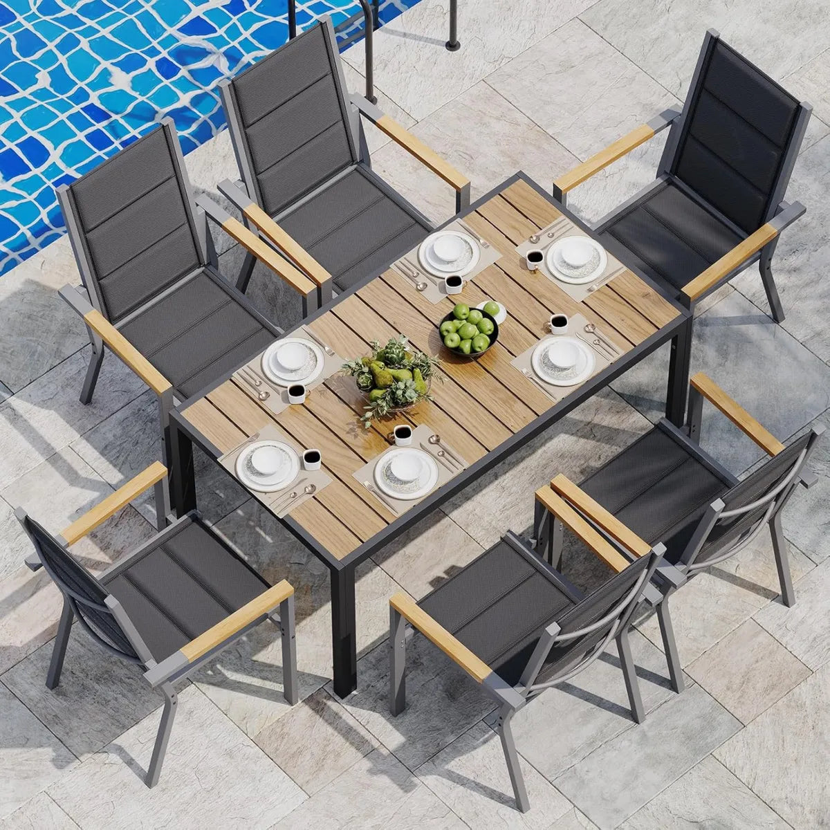 Ensemble de Jardin 4 Places en Aluminium Imitation Bois avec Chaises Confortables