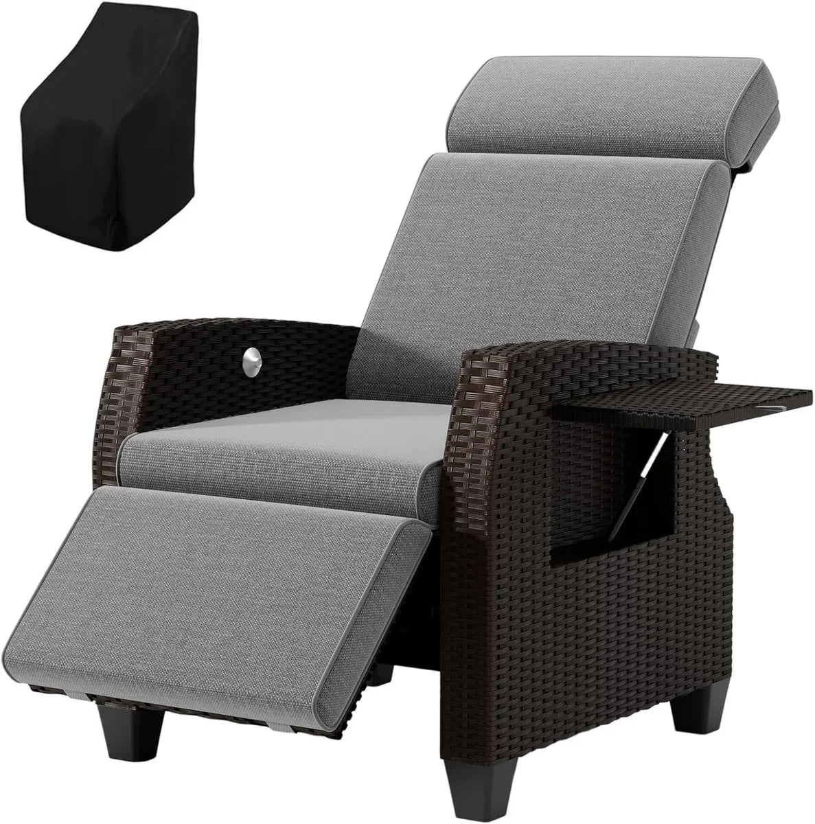 Chaise Longue de Jardin Réglable en Résine Tressée avec Tablette et Coussins Amovibles