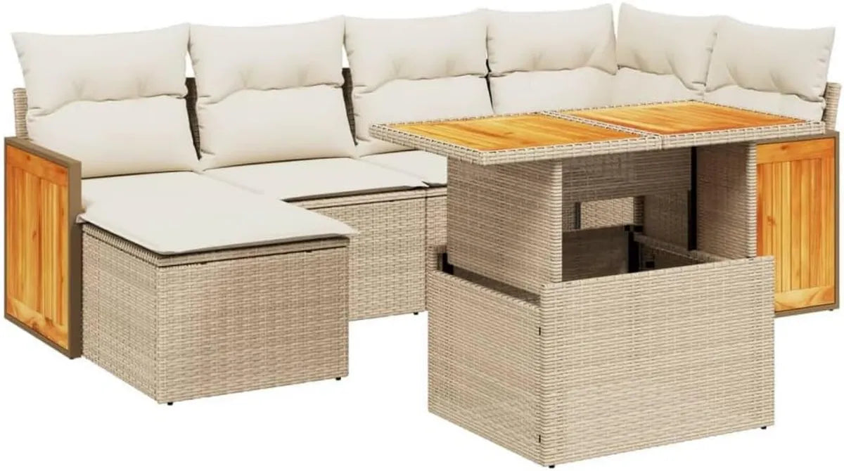 Ensemble de Salon Extérieur 7 Pièces avec Coussins en Résine Tressée Beige
