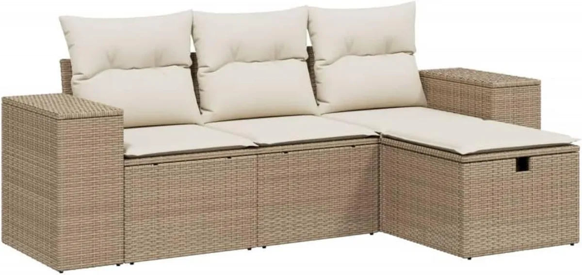 Ensemble de Salon de Jardin en Résine Tressée Beige avec Coussins - 4 Pièces