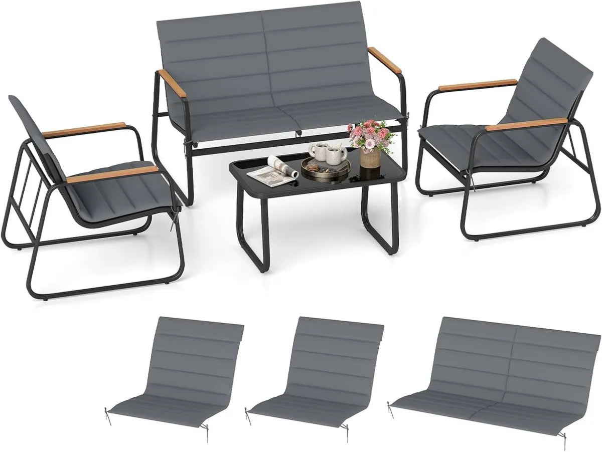 Ensemble de Mobilier de Jardin 4 Places avec Coussins Amovibles, Canapé, Chaises et Table Basse en Verre pour Extérieur