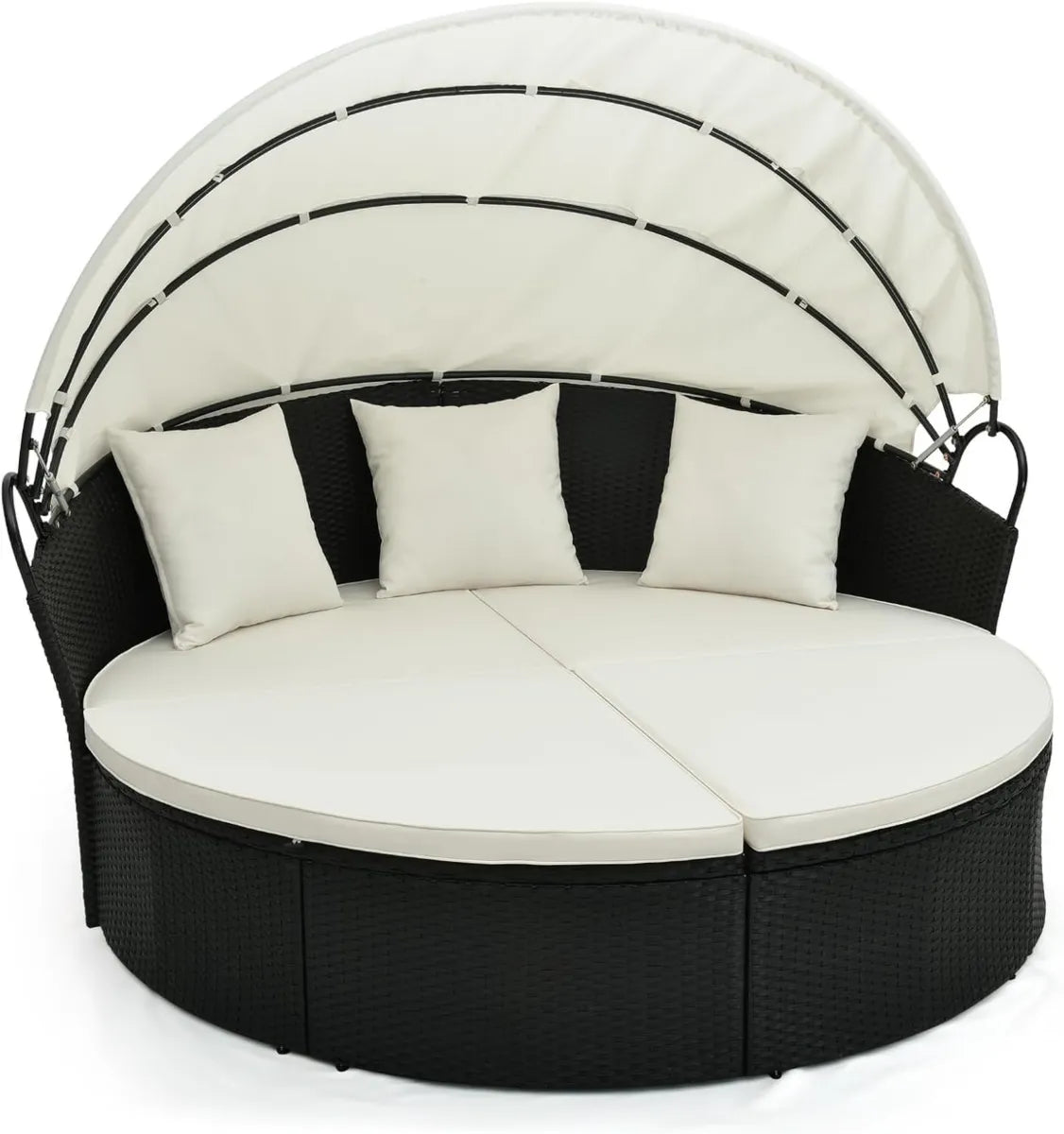 Ensemble de Lit Jardin Rond en Rotin avec Auvent Rétractable, Coussins Amovibles, Charge Maximale 360KG, Blanc Cassé