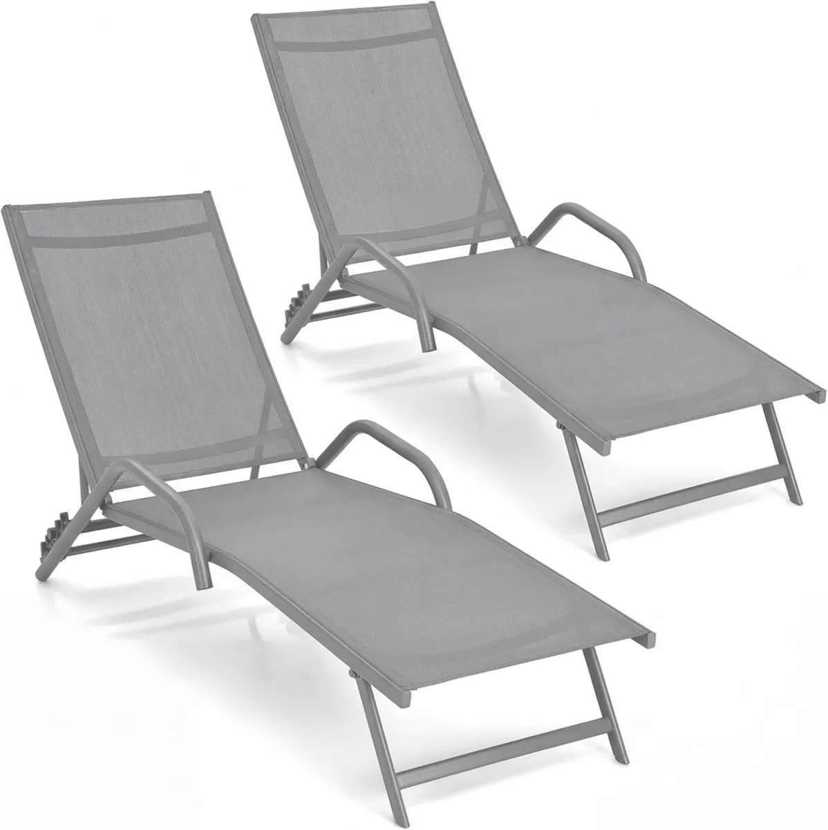 COSTWAY Lot de 2 Chaises Longues Inclinables, 5 Positions, Accoudoirs Confortables, Transat en Acier et Tissu pour Jardin, Terrasse, Charge jusqu'à 150 kg (Gris)