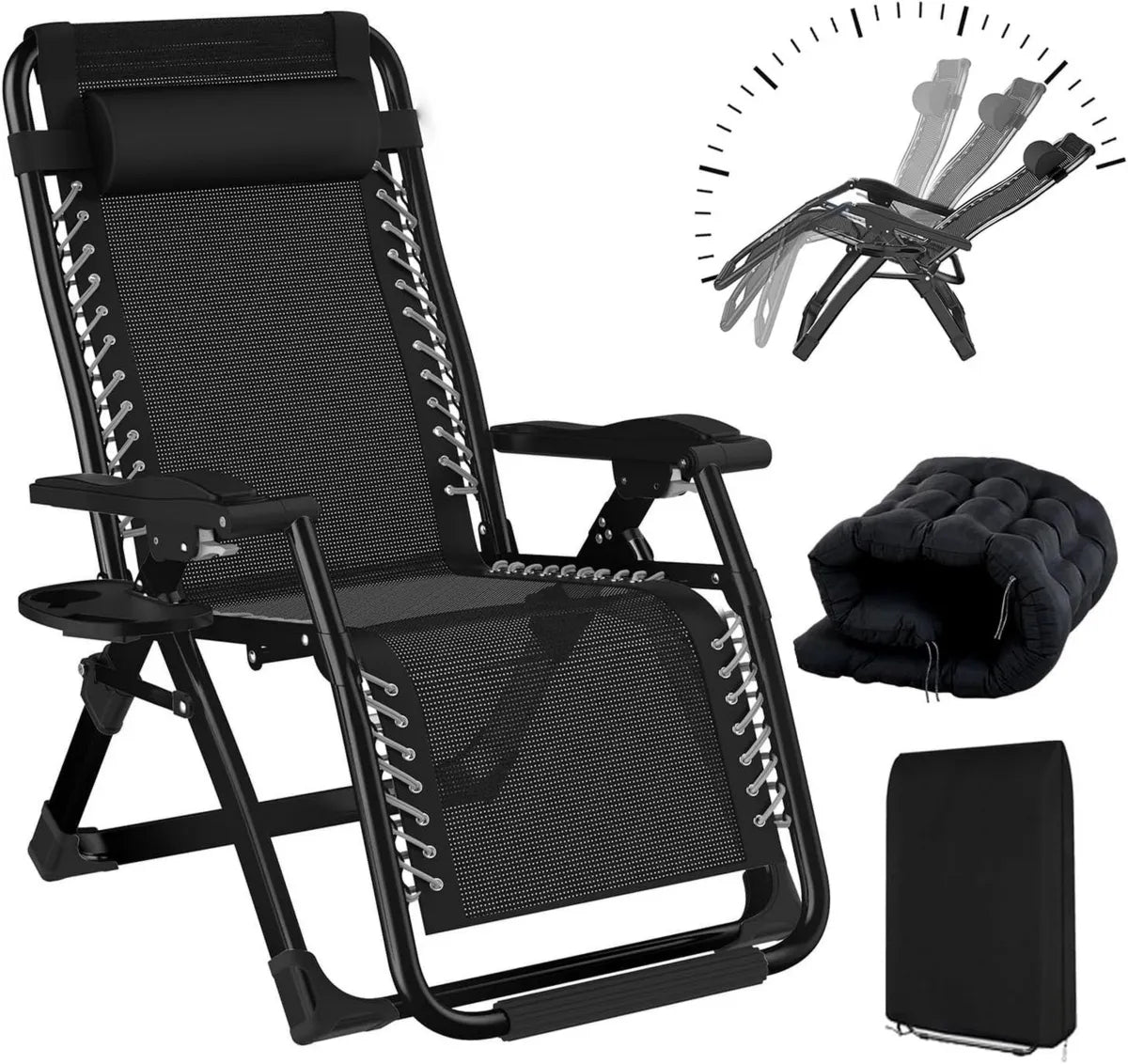 Transat de Jardin Inclinable avec Coussin et Rangement, Capacité 240kg, Bain de Soleil Pliable pour Terrasse et Piscine