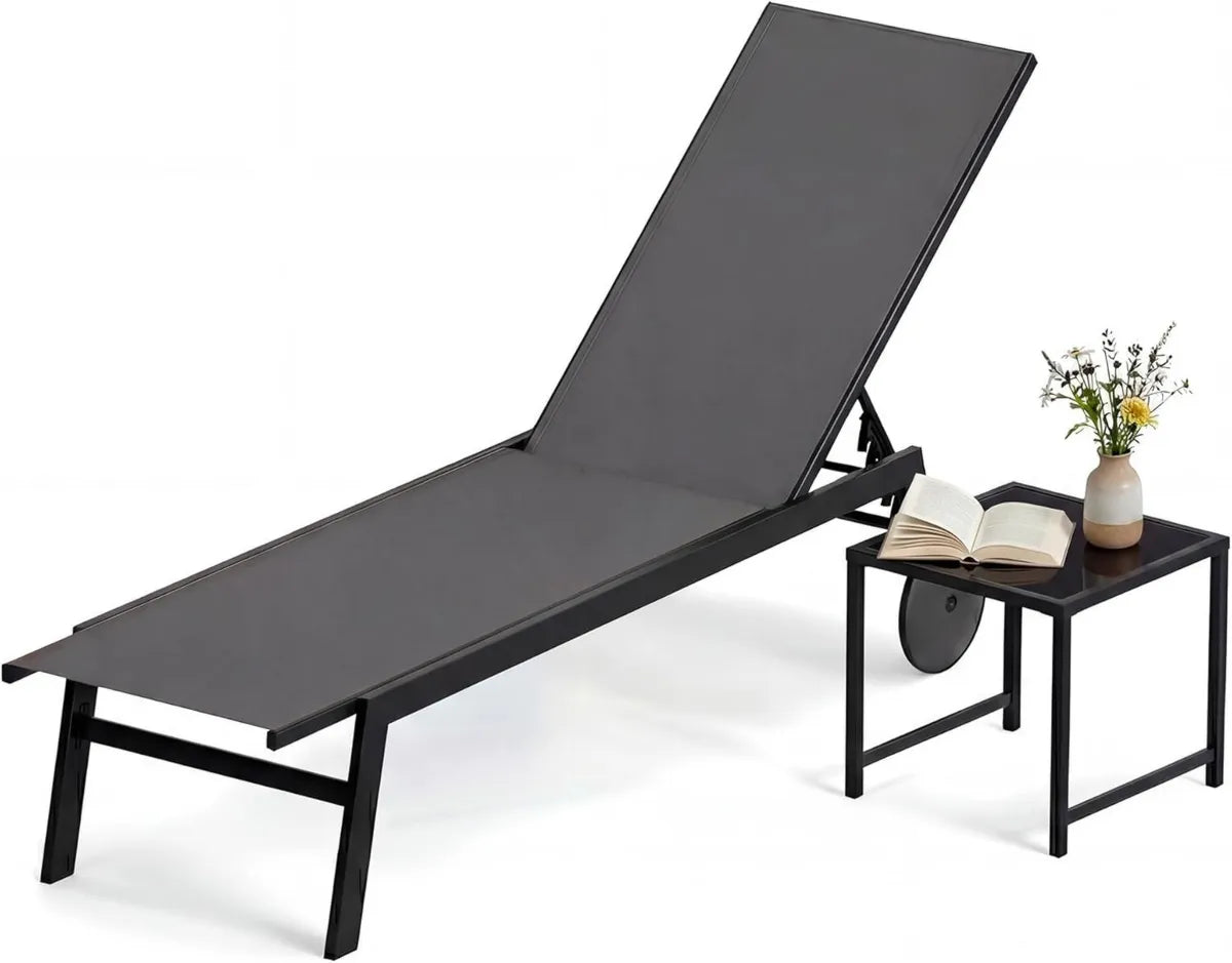 Chaise Longue Réglable avec Table Basse, 6 Positions, 150 kg, Pour Extérieur Gris
