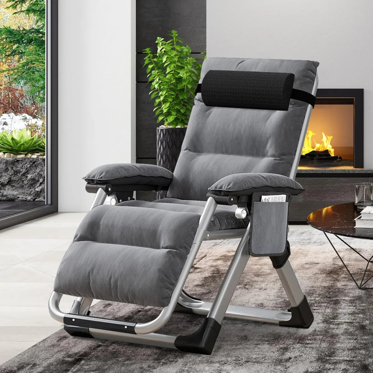 Chaise Longue Zéro Gravité Pliable, Capacité 200 kg, avec Coussin et Poche, pour Intérieur et Extérieur