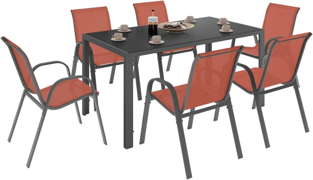 Ensemble de Jardin Madrid: Table 150 cm et 6 Chaises Empilables Terracotta et Grises