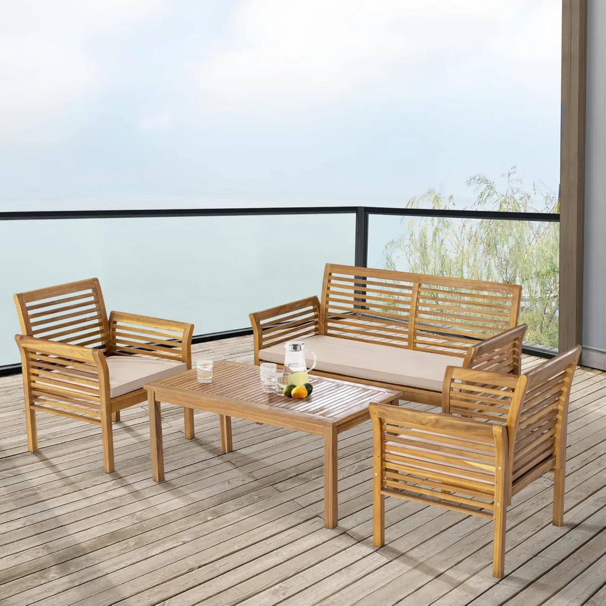 Ensemble de Jardin 4 Pièces en Bois d'Acacia avec Table, Banc et Chaises Beige