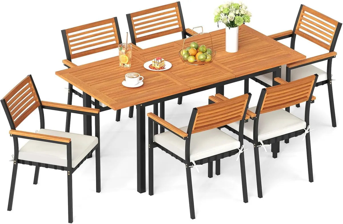 Ensemble de Jardin 7 Pièces en Acacia avec Table Extensible et Chaises Empilables