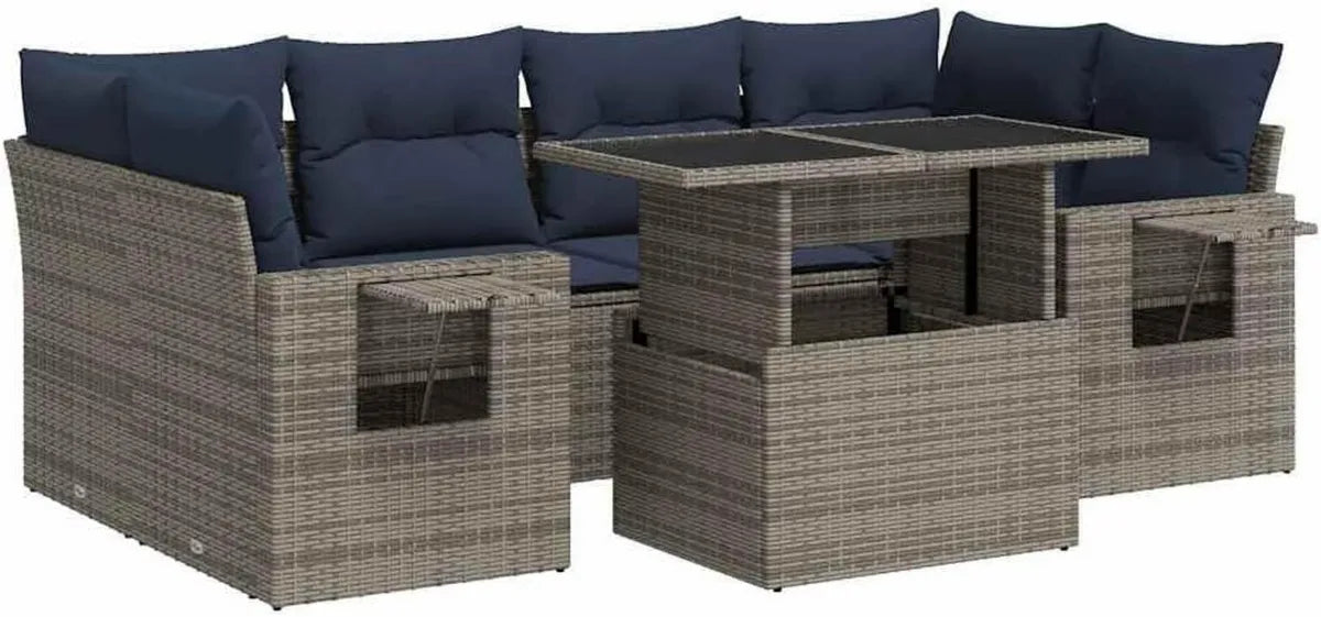 Ensemble de Salon de Jardin en Résine Tressée Gris avec Coussins - 7 Pièces