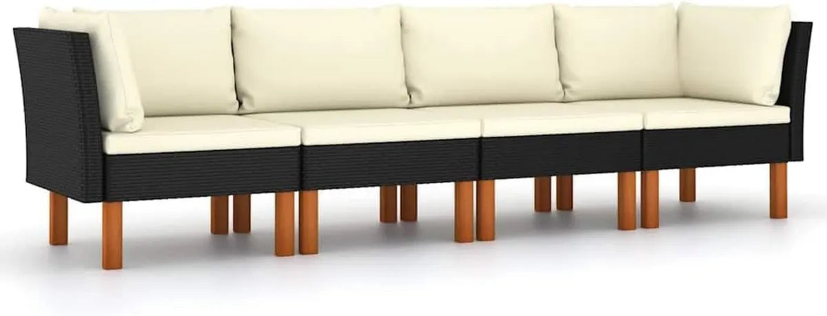 Ensemble de canapé d'extérieur 4 places en rotin synthétique et bois d'eucalyptus, coussins inclus, résistant aux intempéries