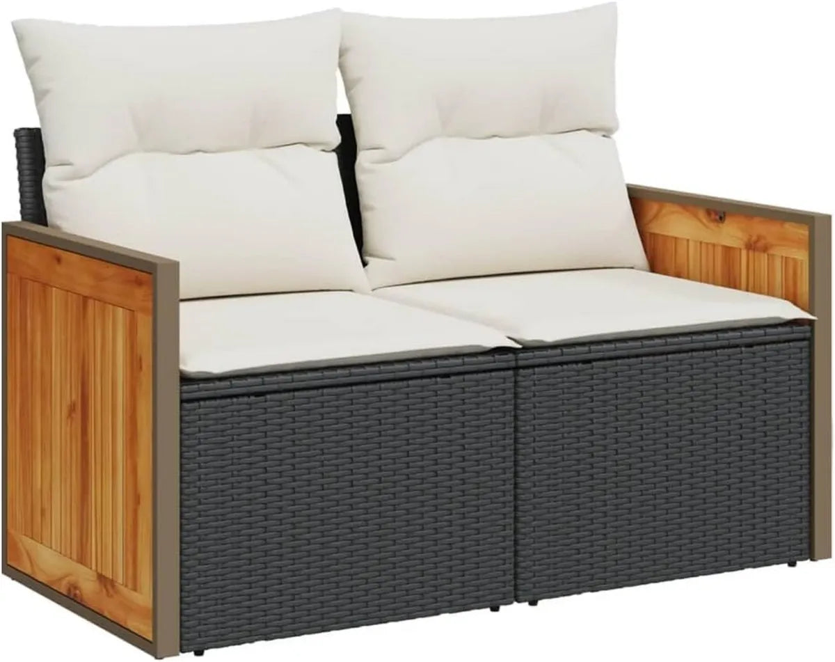 Sofa de Jardin 2 Places en Résine Tressée Noire avec Coussins