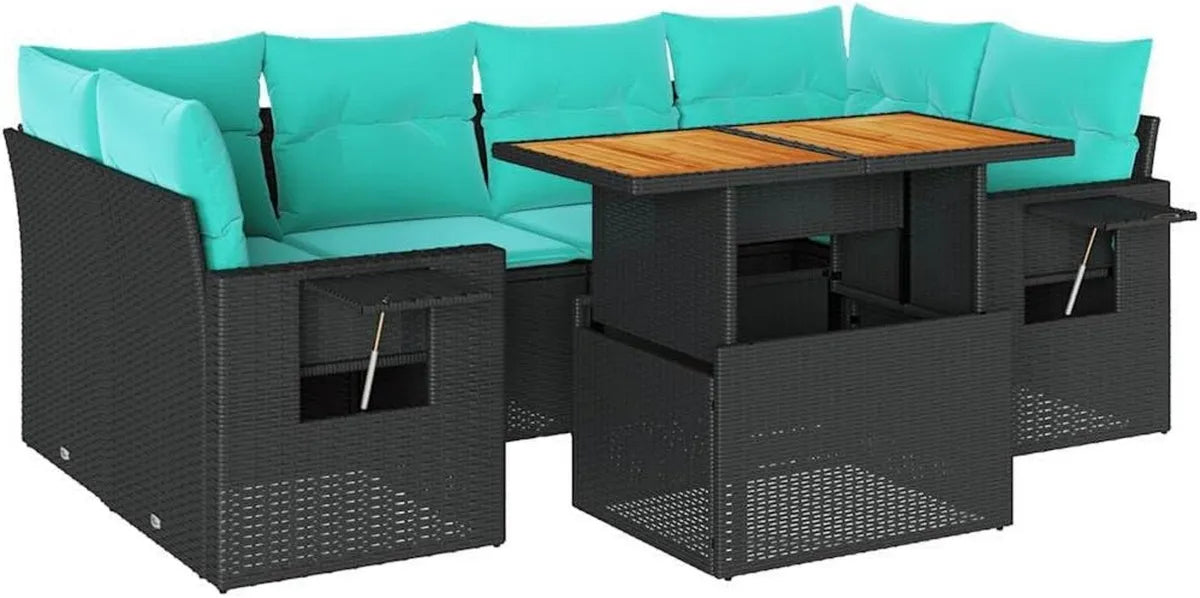 Ensemble de Salon de Jardin en Résine Tressée Noire, 7 Pièces avec Coussins