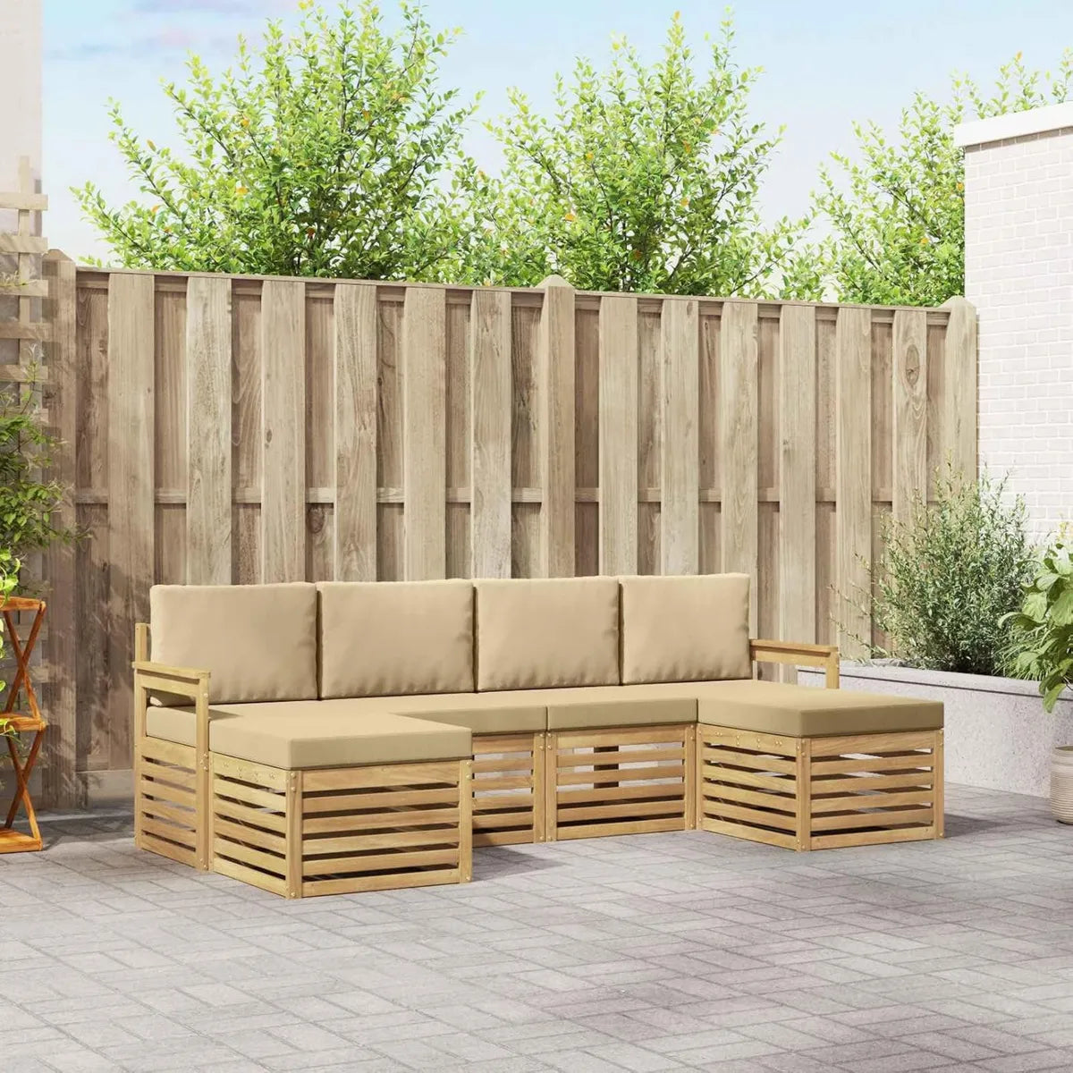 Ensemble Modulable de Canapé d'Extérieur 5 Pièces en Bois d'Acacia Blanc et Beige pour Jardin