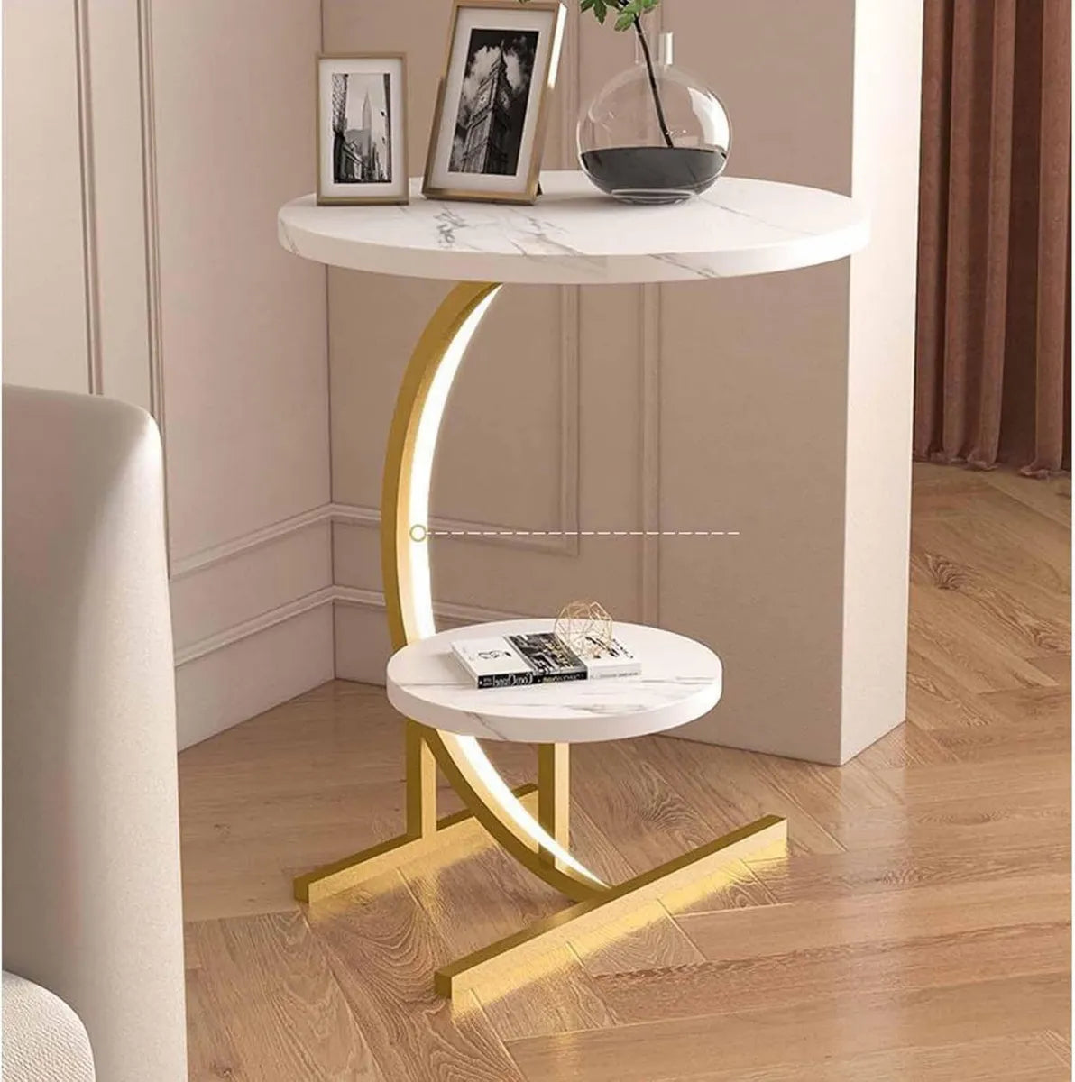 Table d'appoint ronde à deux niveaux, design marbre, idéale pour salon, chambre et jardin