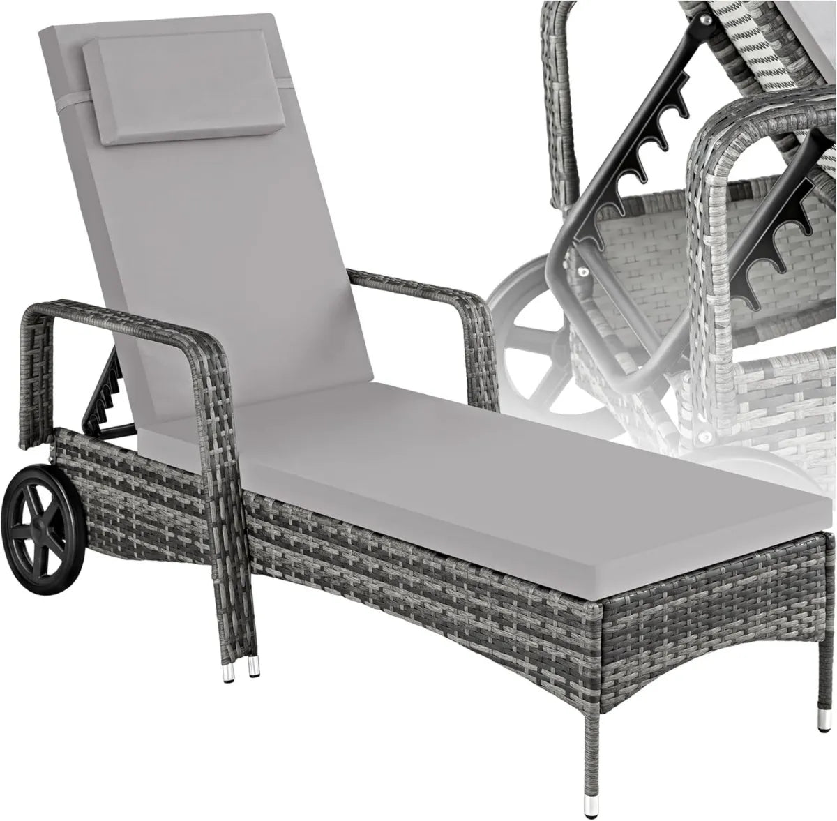 Chaise Longue en Résine Tressée avec Roulettes - Gris Clair