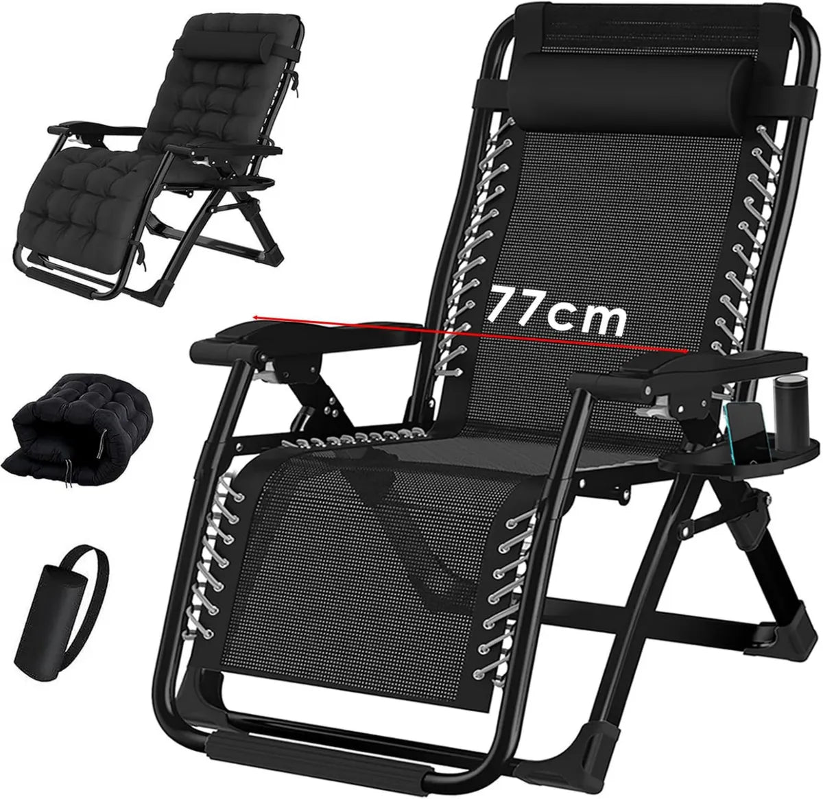 Fauteuil Relax de Jardin Pliable - Idéal pour Camping - Supporte jusqu'à 200 kg - Dossier Réglable - 77 cm - Couleur Noire