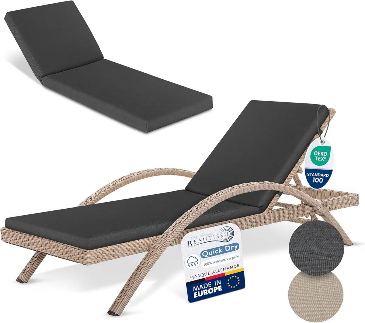 Ensemble de 2 Coussins Imperméables Beautissu pour Bain de Soleil 190x60 - Résistant aux Intempéries et Lavable