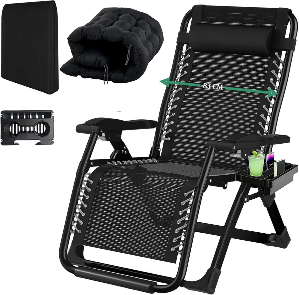Chaise Longue Pliante 83cm avec Dossier Réglable et Accessoires - Noir