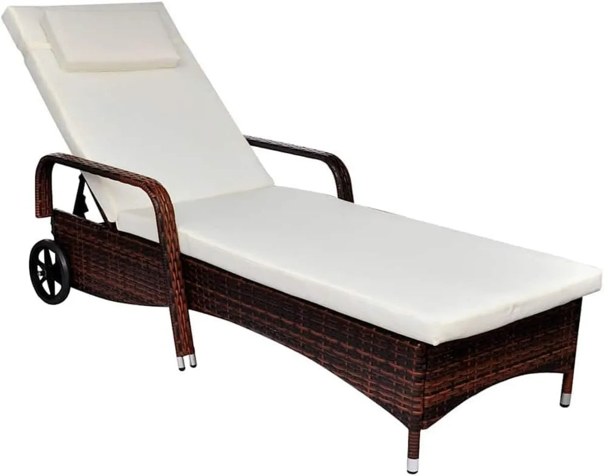 Transat Jardin en Résine Tressée Marron avec Coussin et Roues