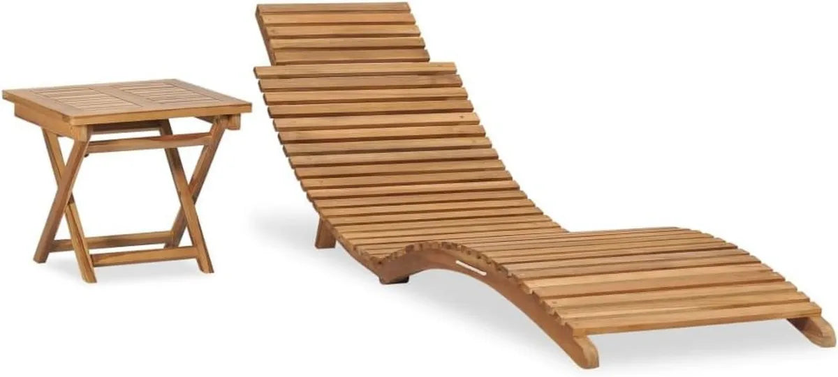 Chaise Longue Pliable en Teck avec Table pour Jardin et Terrasse