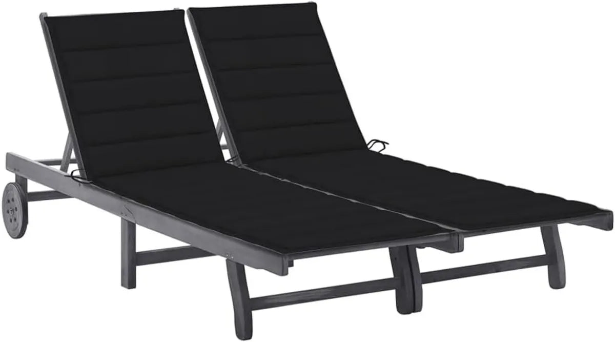 Chaise Longue Double en Bois d'Acacia avec Coussin Gris, Dossier Réglable