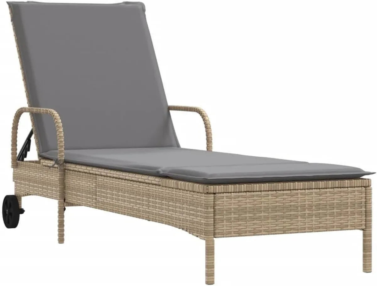 Chaise Longue Extérieure en Résine Tressée Beige avec Roues et Coussin pour Piscine