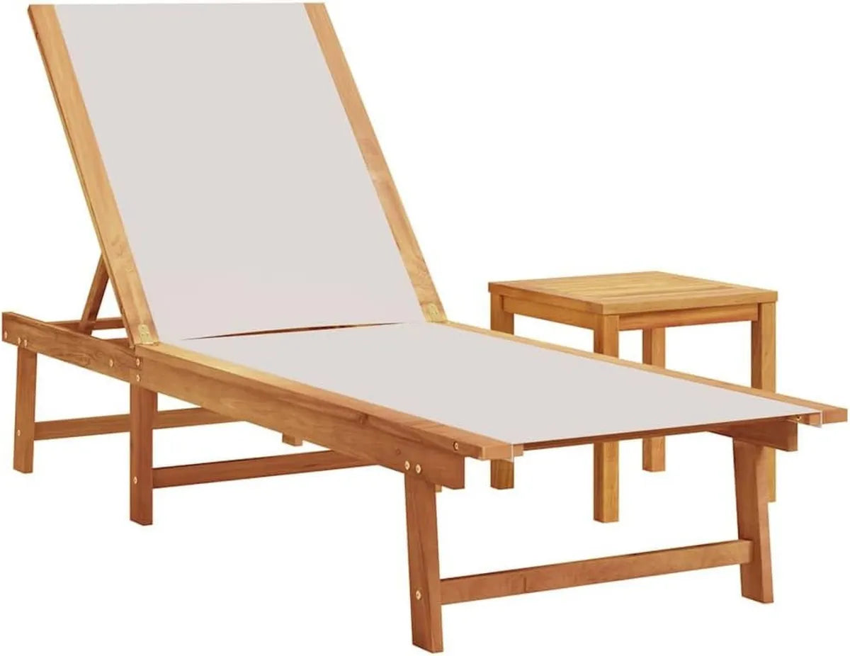 Chaise Longue Réglable en Bois d'Acacia avec Table, Transat Gris pour Jardin et Terrasse
