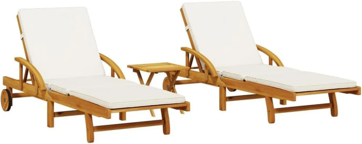 Ensemble de 2 Chaises Longues Réglables 5 Positions en Acacia avec Table et Coussins Crème