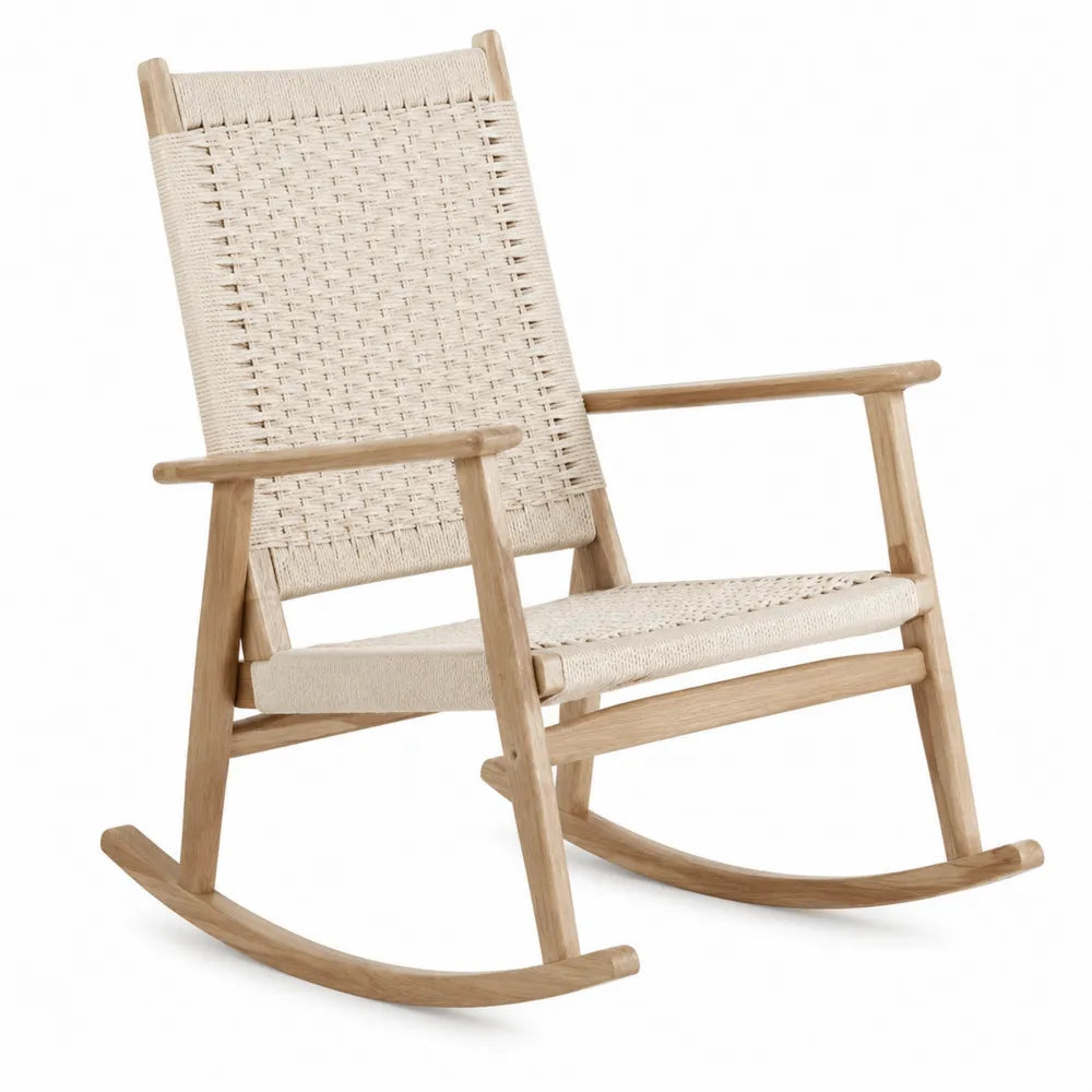 Chaise à bascule de jardin avec accoudoirs 75 x 95 x 98 cm en bois d’acacia corde polyester écru