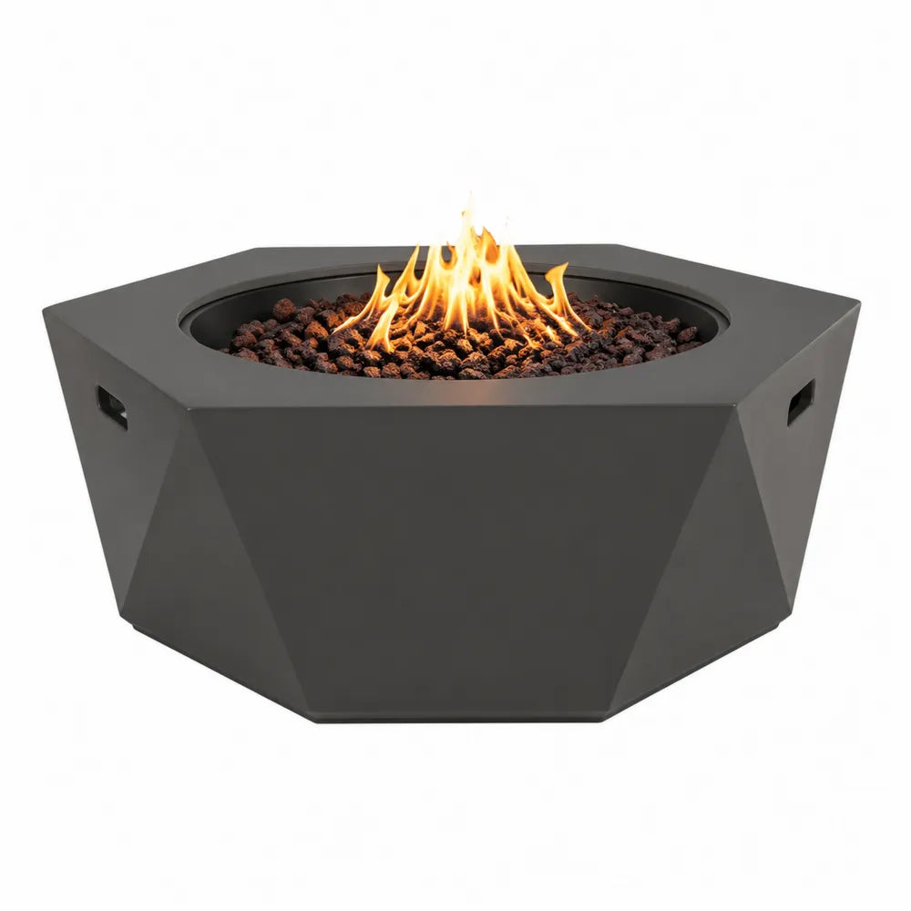 Table brasero extérieure hexagonale 86 cm x 86 cm x 48 cm en acier thermolaqué gris anthracite avec brûleur gaz et pierres de lave