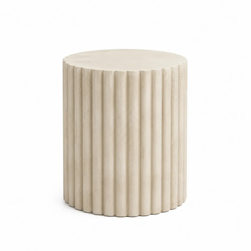 Table d’appoint extérieure ronde 45 cm x 45 cm x 50 cm en composite ciment beige crème à relief cannelé