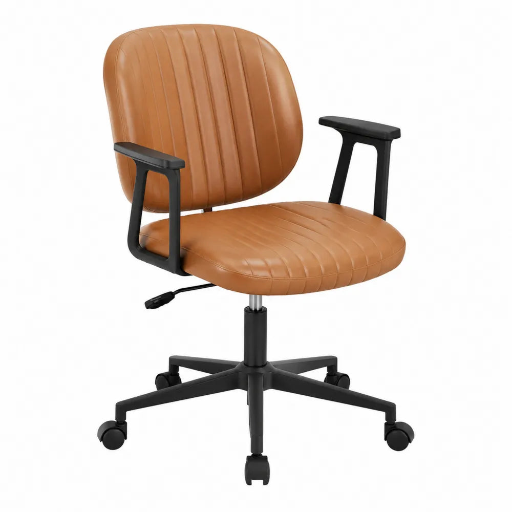Chaise de bureau à roulettes réglable en hauteur avec accoudoirs revêtement PU marron caramel base PP noire 60 x 60 x 82 à 94 cm