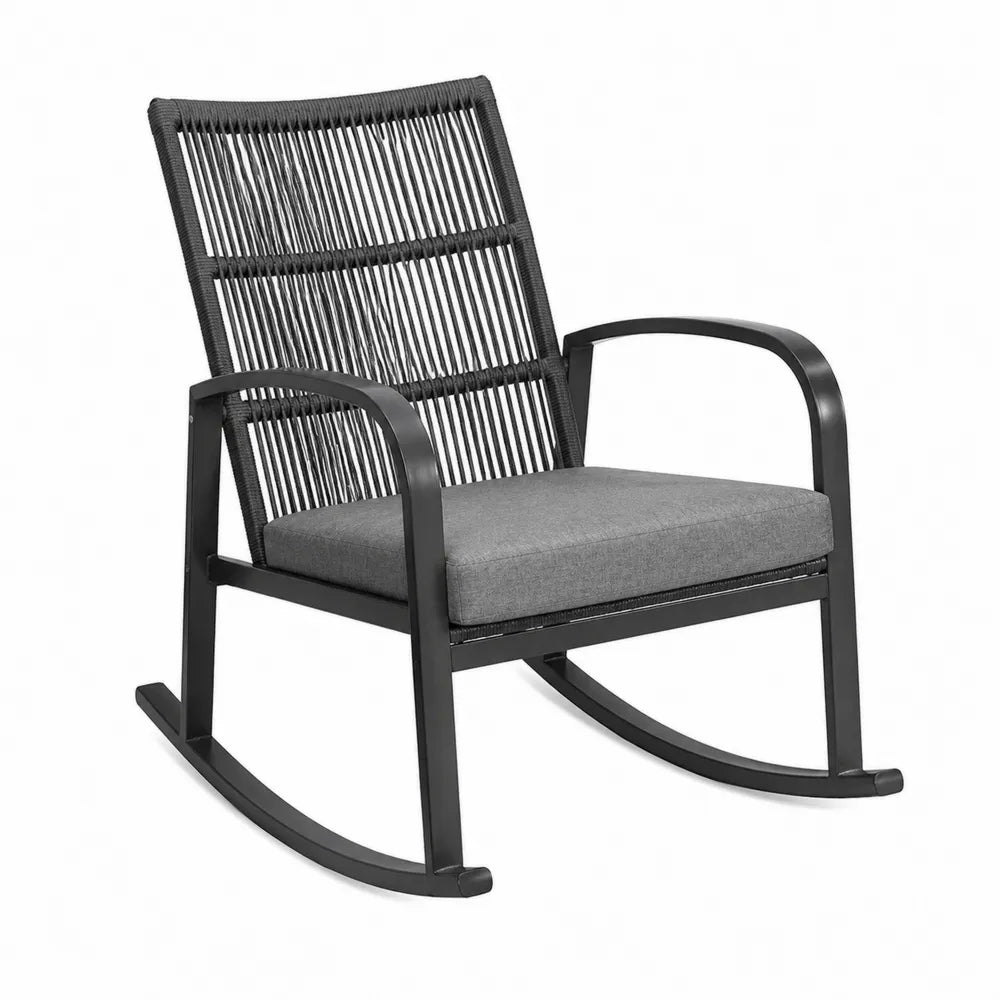 Fauteuil à bascule de jardin en acier noir corde polyester et coussin gris dimensions non précisées
