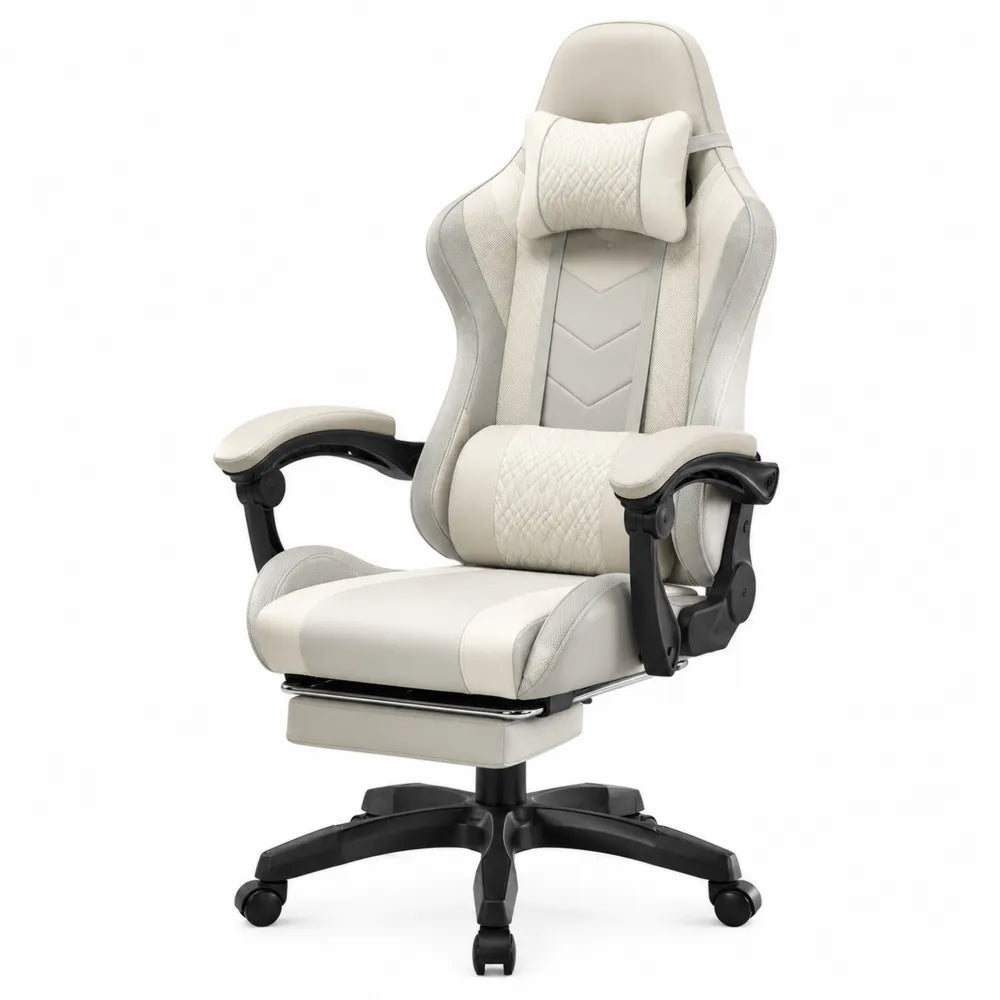 Chaise de bureau gamer réglable à roulettes avec repose-pieds revêtement PU crème polyester gris clair base PP noire 70 x 70 x 122 à 132 cm