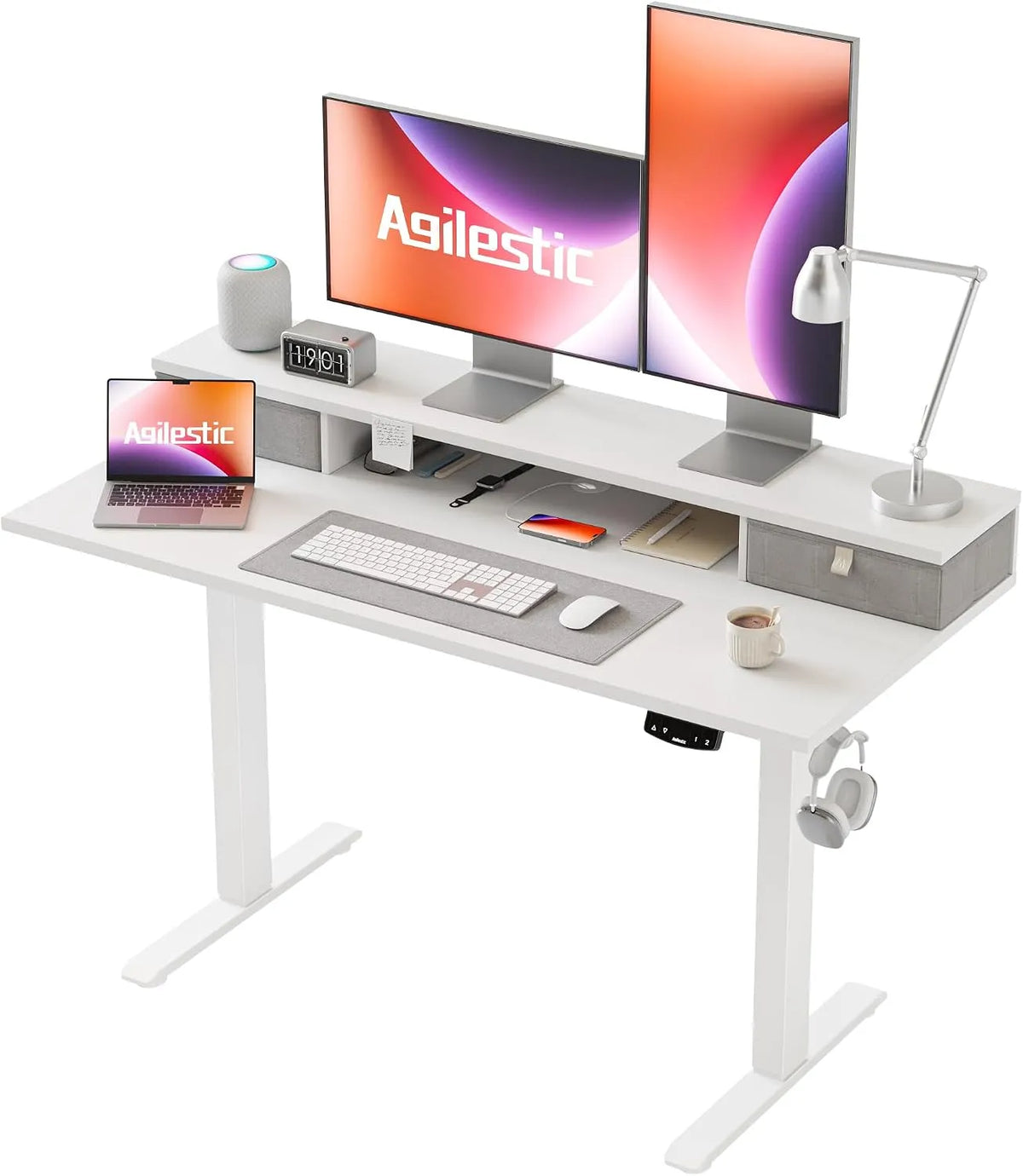 Bureau et table informatique: avec tiroirs, réglable, 2 tiroirs, 120 × 60 cm, blanc, hauteur réglable