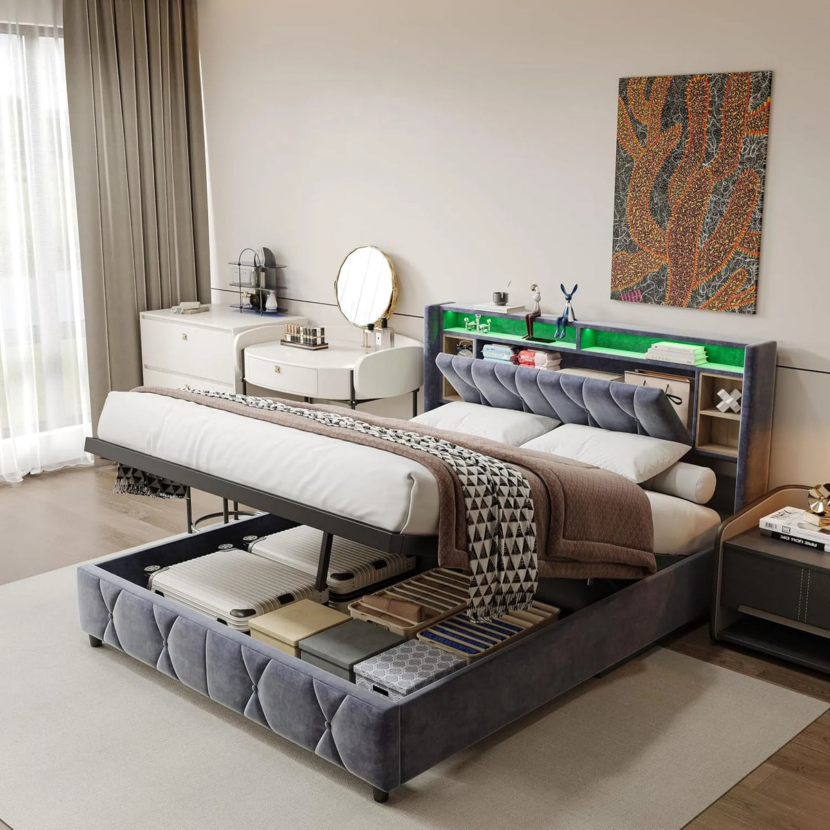 Lit Double 160x200 cm en Velours Gris Capitonné: en bois, avec port USB, affichage LED, 160 × 200 cm