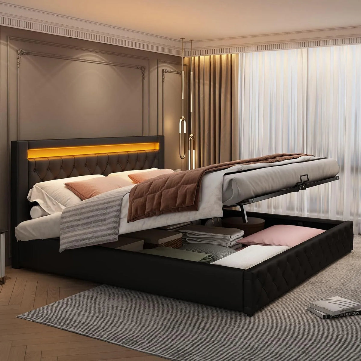 Lit Coffre 180x200cm: revêtement en tissu, avec rangement, affichage LED, 180 × 200cm, noir