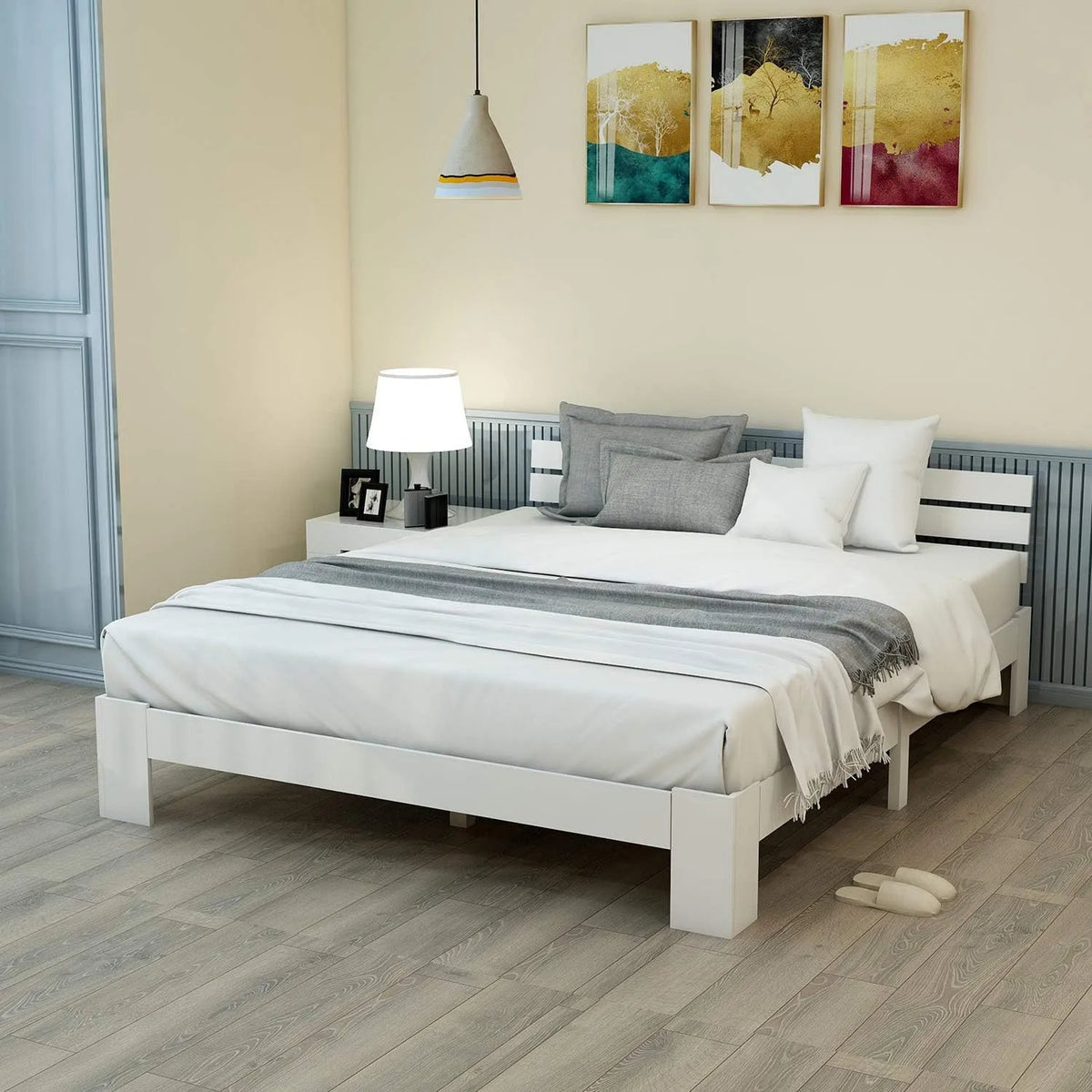 Cadre de lit et structure de lit en Bois Double – 140 × 200 cm, blanc, en bois massif