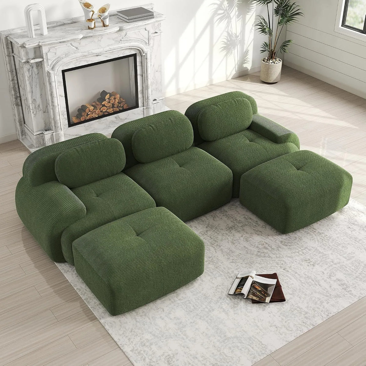 Canapé d'angle et canapé panoramique – modulaire, en velours côtelé, convertible, 6 places, 298 cm