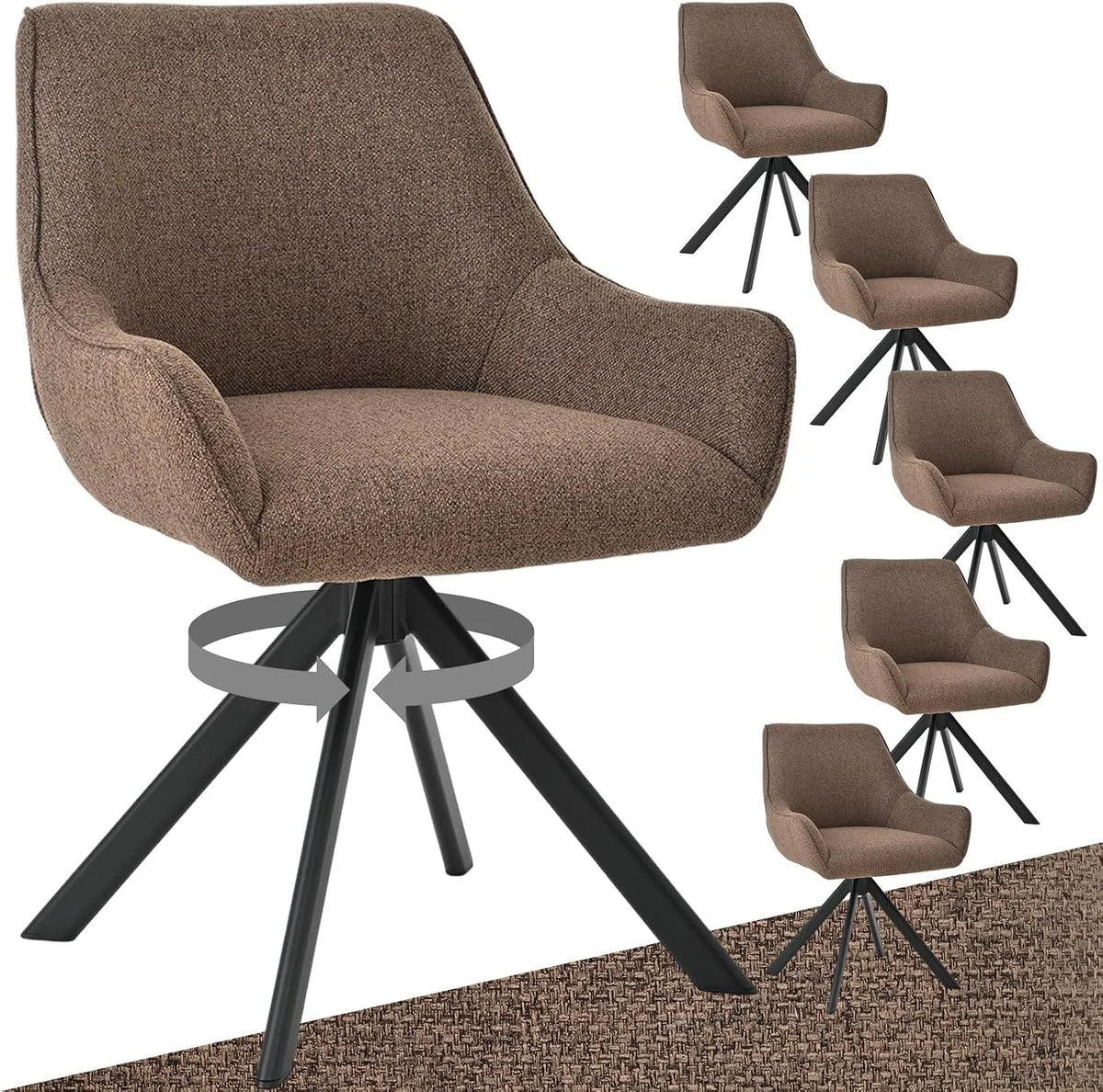 Chaise – en métal, pivotant, avec accoudoirs, avec dossier, Lot de 6, marron