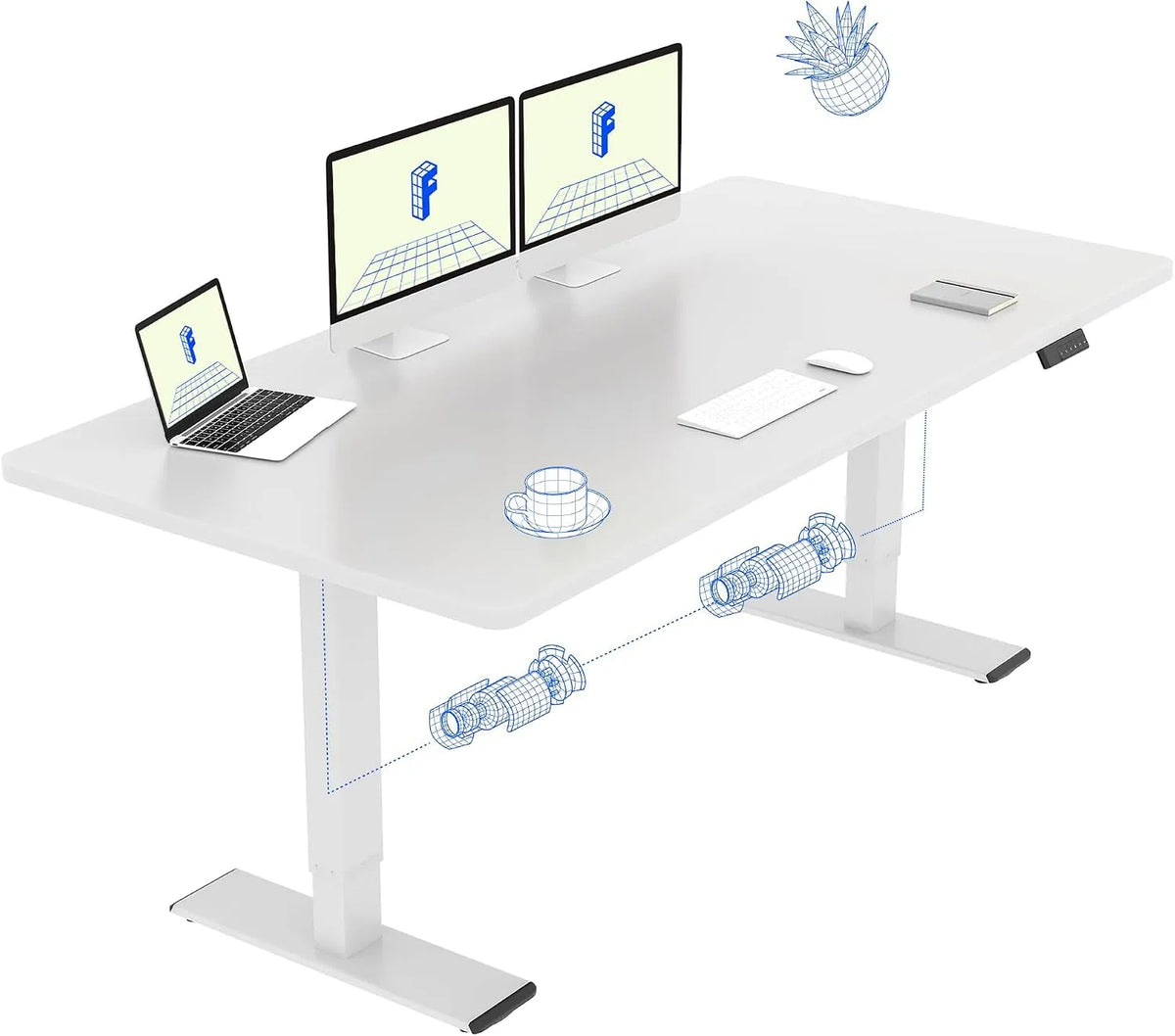 Bureau et table informatique: réglable, 160 × 70 cm, blanc, hauteur réglable