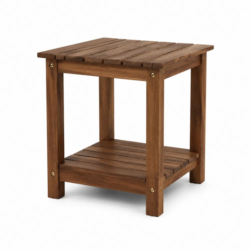 Table d’appoint extérieure carrée 45 x 45 x 45 cm en acacia massif brun teck avec tablette inférieure à lattes