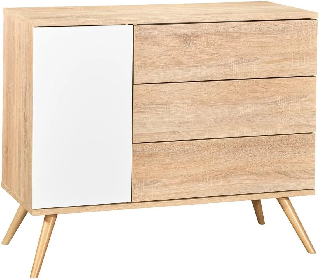 Sauthon Commode et meuble à tiroirs 1 Porte 3 tiroirs en Bois Blanc/Marron: avec tiroirs, 115 × 95 × 51cm