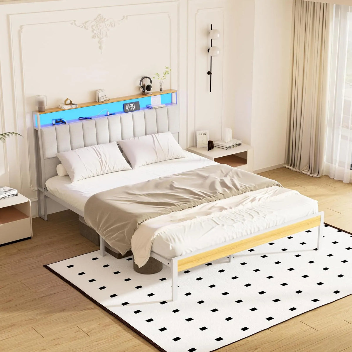 Cadre de lit et structure de lit: en métal, avec port USB, affichage LED, 160 × 200, beige