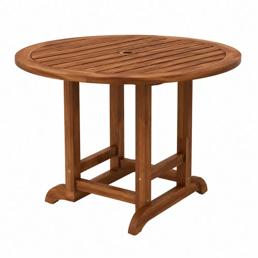 Table de jardin ronde 120 x 120 x 75 cm en acacia massif brun avec plateau à lattes et trou parasol
