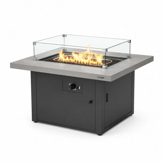 Table brasero extérieur carrée 107 cm x 107 cm x 63 cm en acier thermolaqué gris plateau effet béton et verre trempé transparent